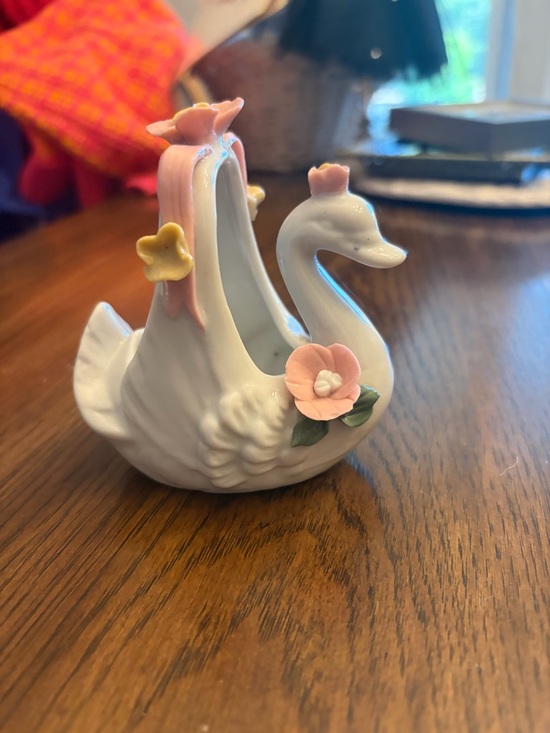 Other - Porcelain Swan Figurine with Pink Floral Accents. Vintage small trinket holder.